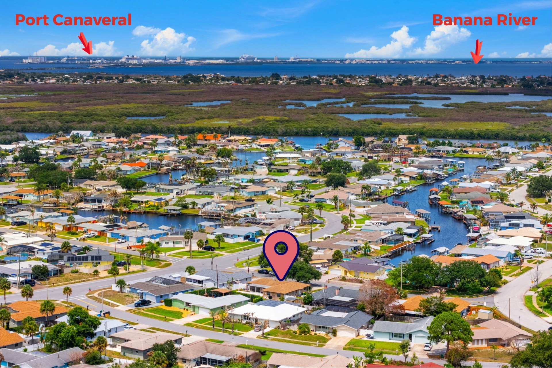 Aerial view showing proximity to Banana River and Port Canaveral