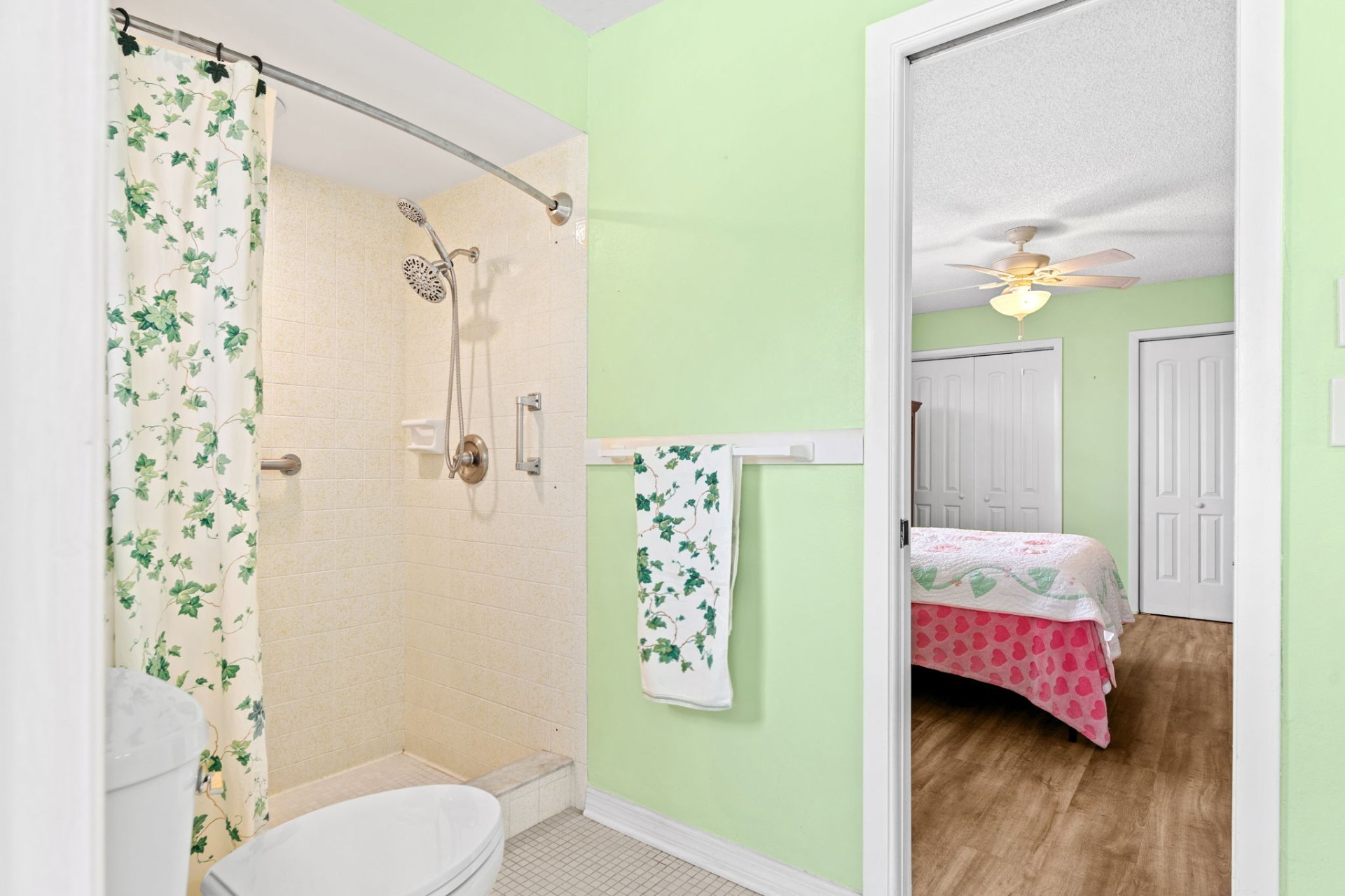 Walk-in shower with adjacent bedroom view