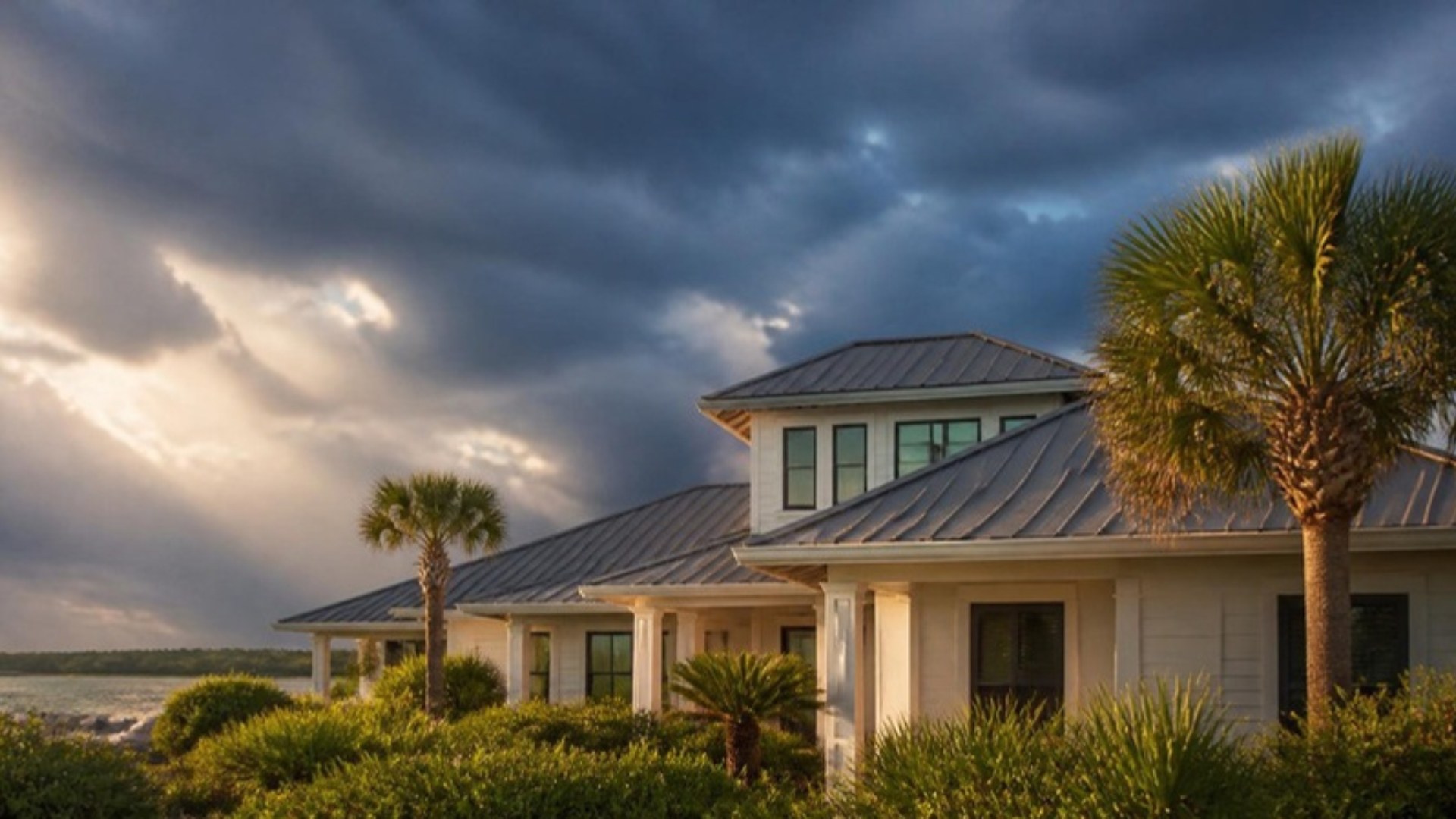 Florida coastal home with a new standing-seam metal roof under a dramatic sky