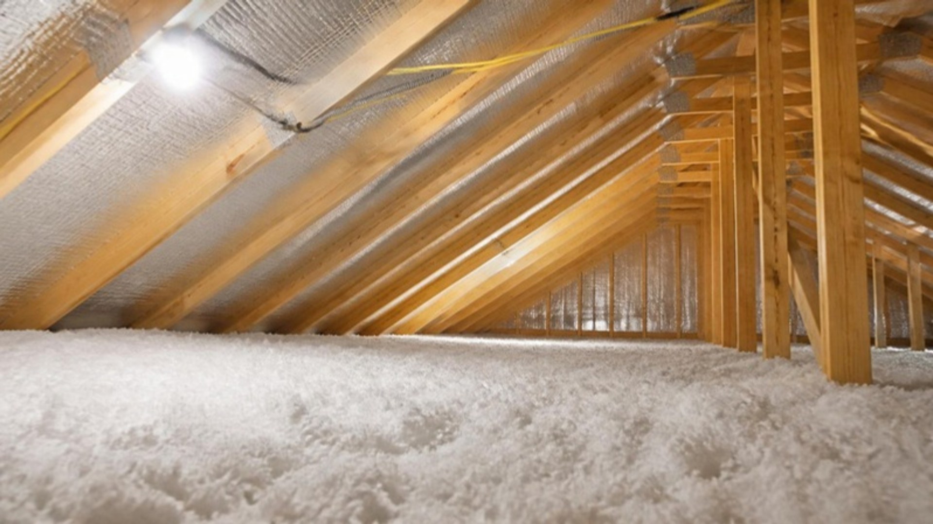 Florida attic with fresh blown-in insulation and a radiant barrier on the roof deck