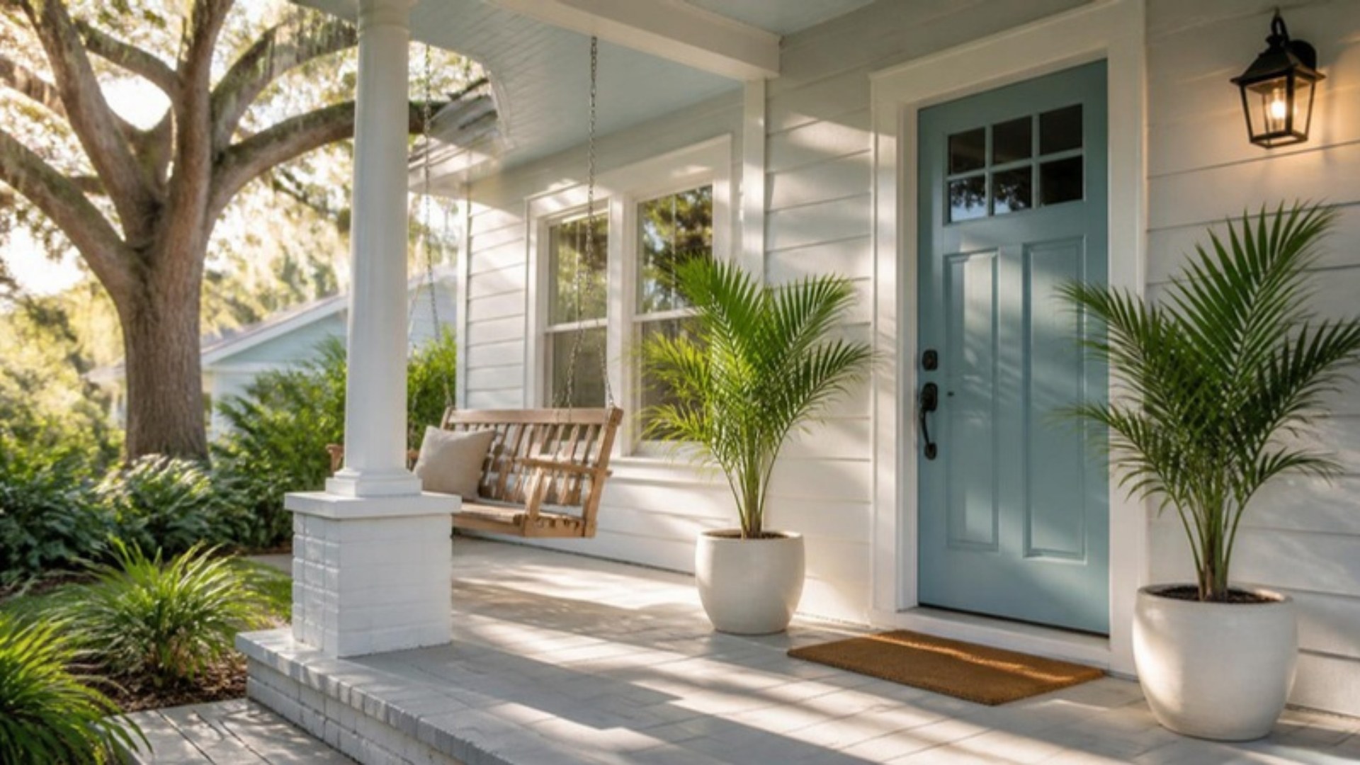 Front porch of a tidy Florida bungalow with a porch swing and potted palms