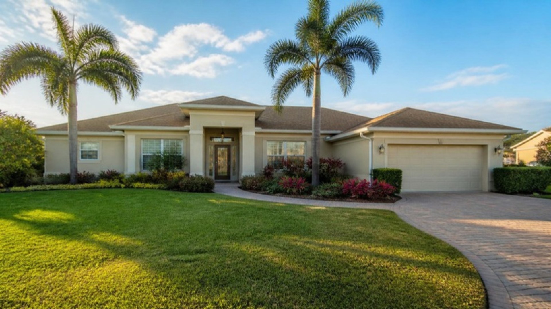 Well-kept Central Florida ranch home at late afternoon with palms and a paver driveway