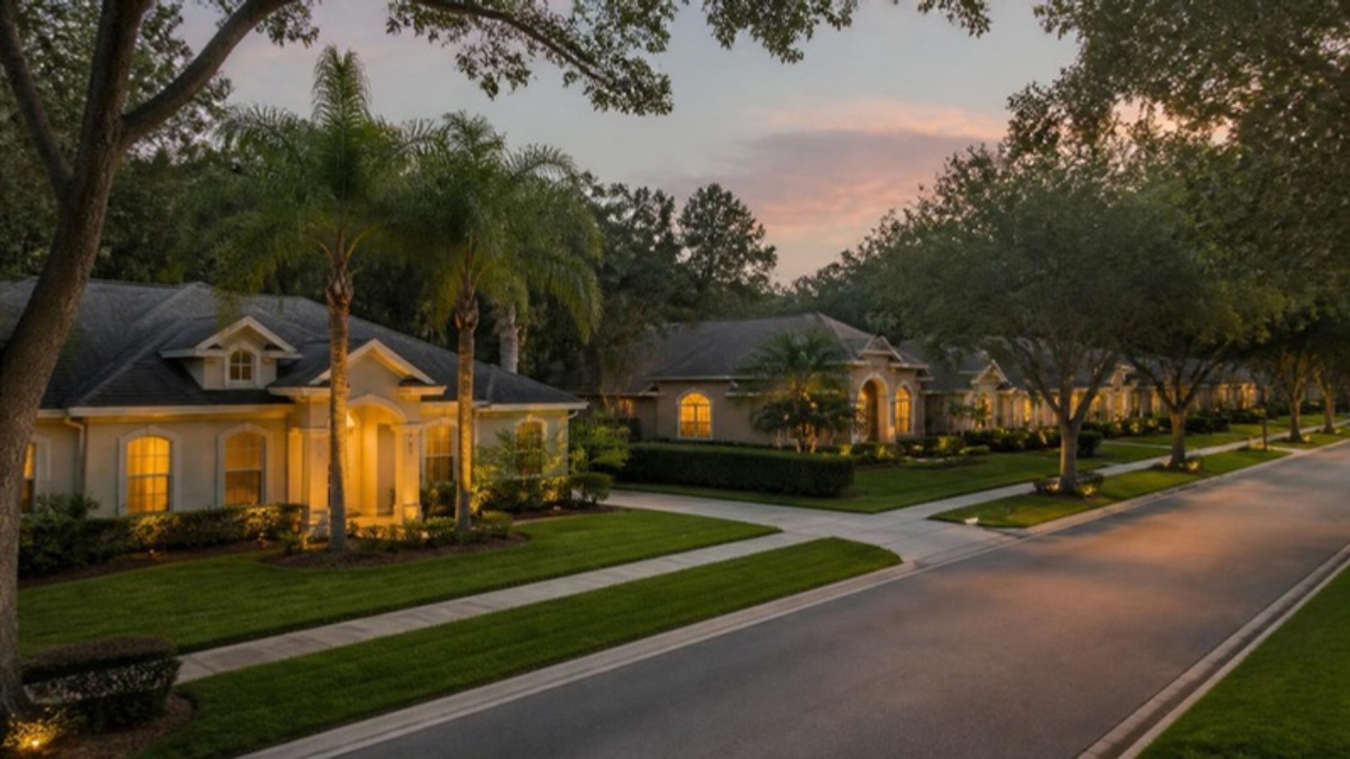 Row of Central Florida homes on a tree-lined street at dusk with lit windows