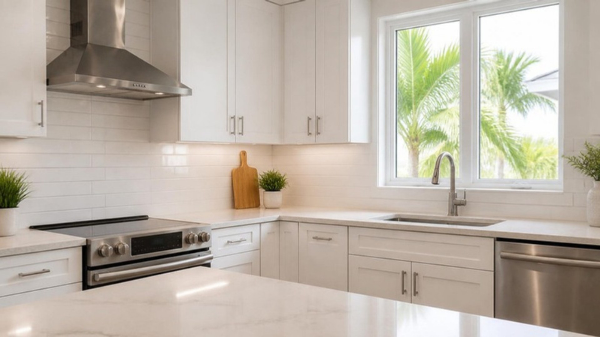 Newly remodeled white kitchen with quartz counters in a Florida home