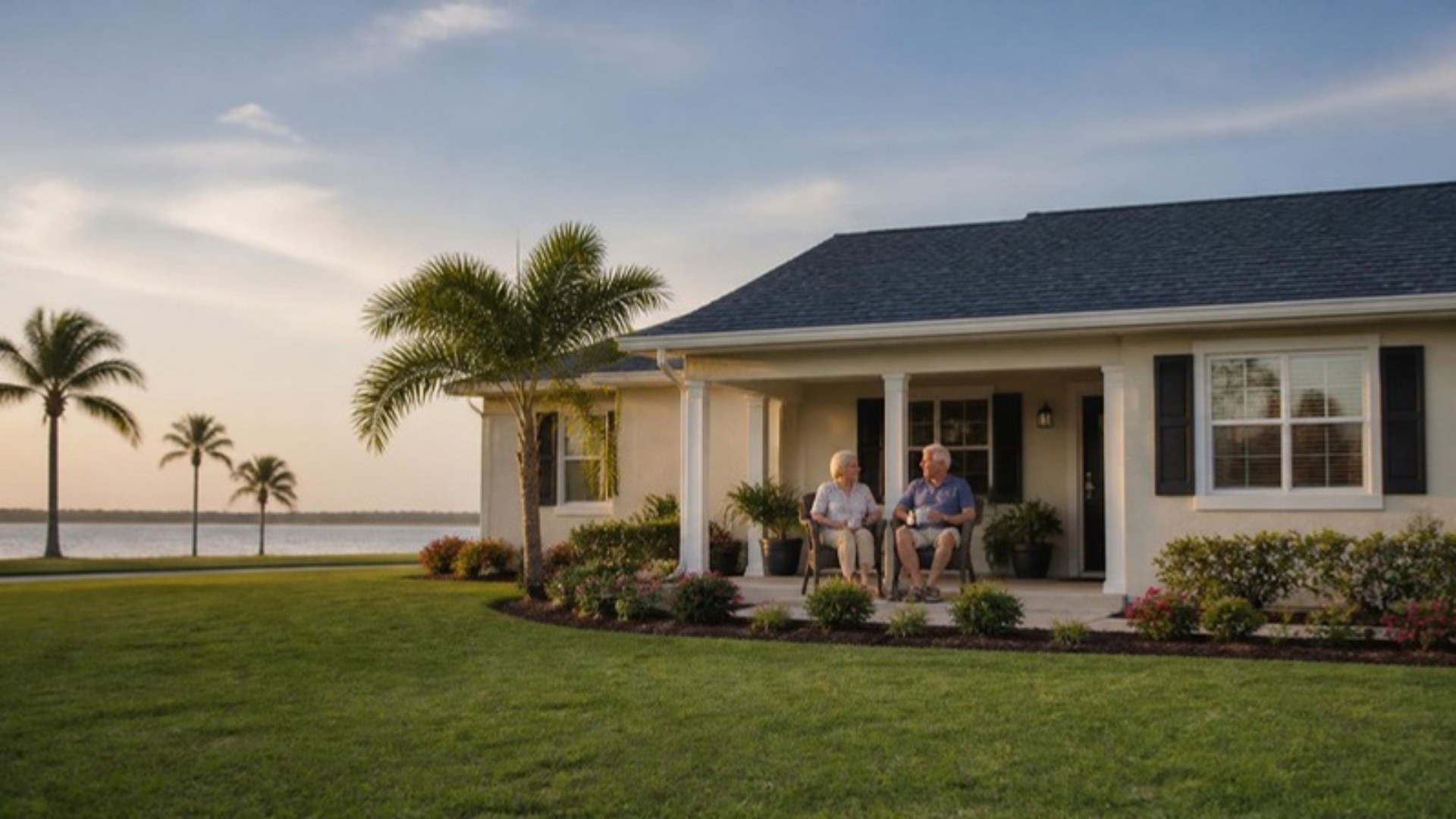 Retired couple on the covered front porch of their paid-off Florida home at sunset